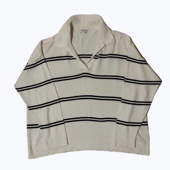 Reitmans Sweaters - Reitmans Striped Collared Sweater - Black and White
